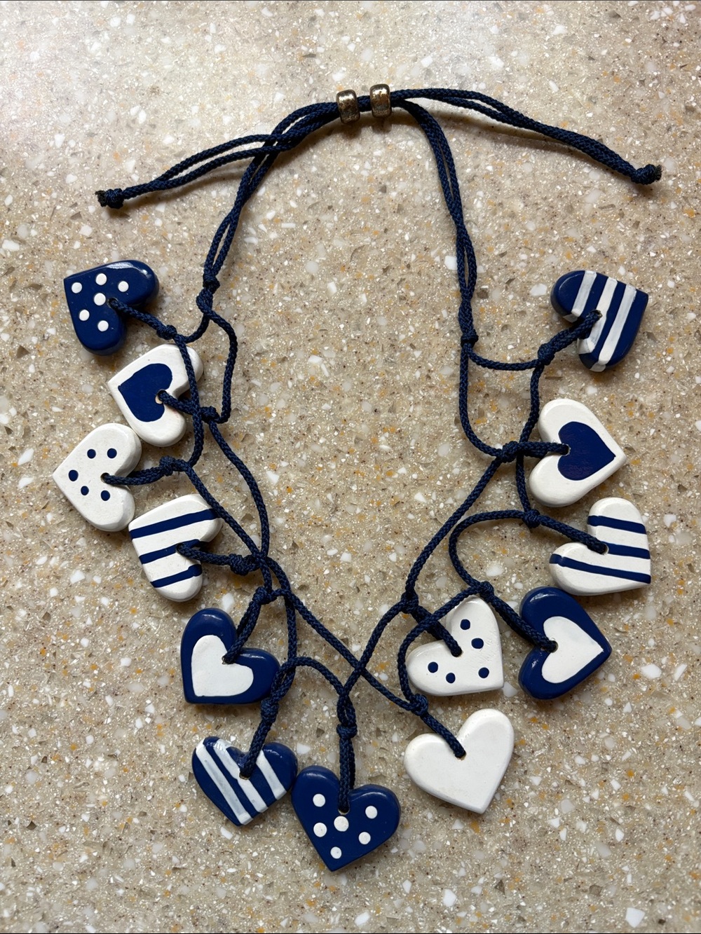 Vintage Nautical Painted Wooden Heart  Necklace on double-strand cord
